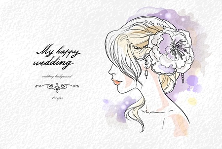 Wedding watercolor portrait of the bride with space for text  のイラスト素材