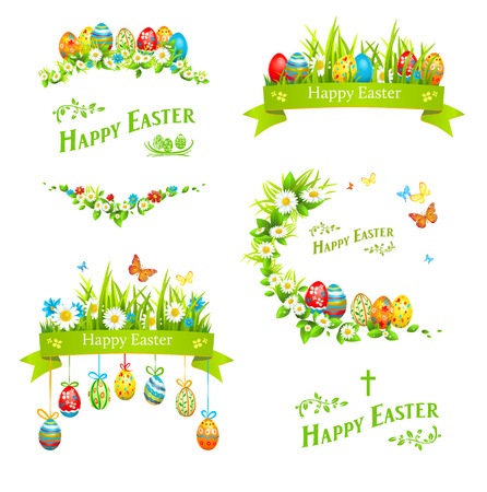 Easter design elements set. Holiday floral decorations with color eggsのイラスト素材