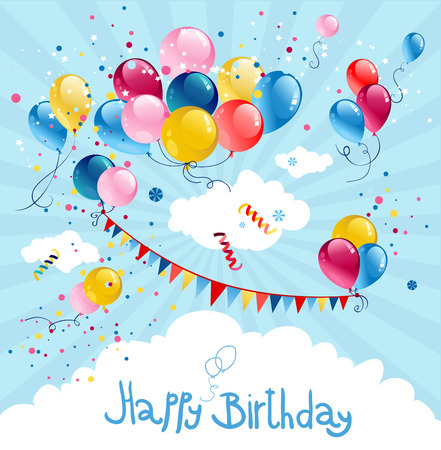 Happy holiday balloons in blue sky. Copy spaceのイラスト素材