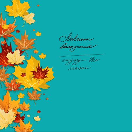 Autumn maple leaves design on green background. Copy spaceのイラスト素材
