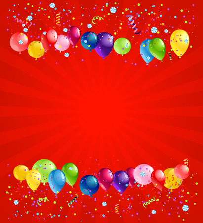 Holiday balloons on red background with place for text.のイラスト素材