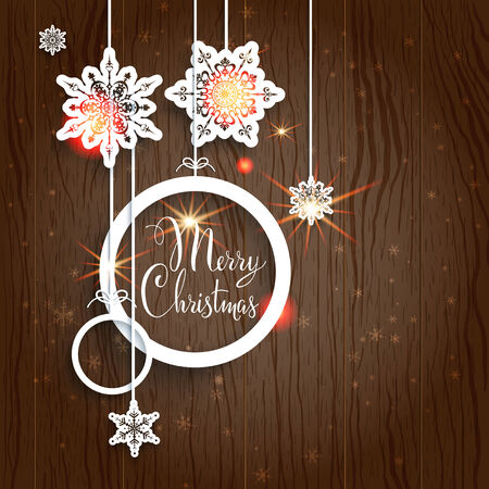 Christmas background on wood with snowflakes. Holiday decorations and place for text.のイラスト素材