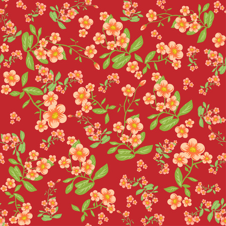 Orange flower on red background. Seamless floral patternのイラスト素材
