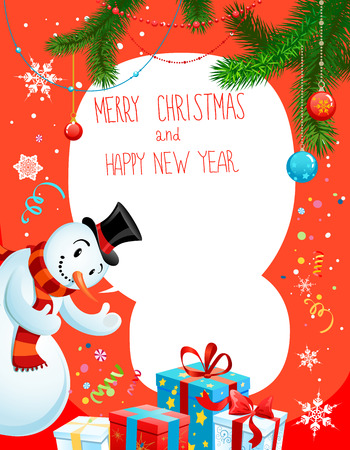 Poster with snowman on red background. Holiday illustration with place for text.のイラスト素材