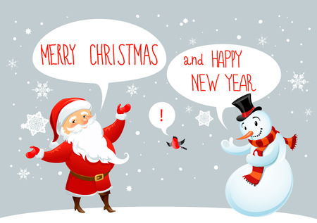 Santa Claus and snowman greetings. Winter holiday card.のイラスト素材