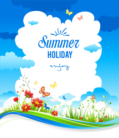 Cheerful positive summer background with green grass and flowers. Place for text.のイラスト素材