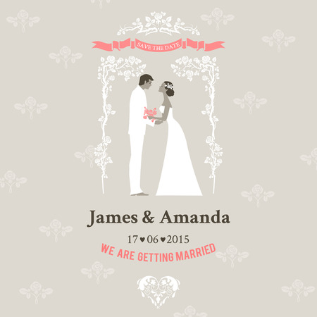 Wedding invitation with bride and groom. Elegant vintage style.のイラスト素材