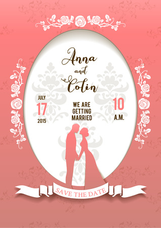 Wedding beautiful card with bride and groom. Elegant wedding design for leaflet, cards, invitation and so on. Place for text.のイラスト素材