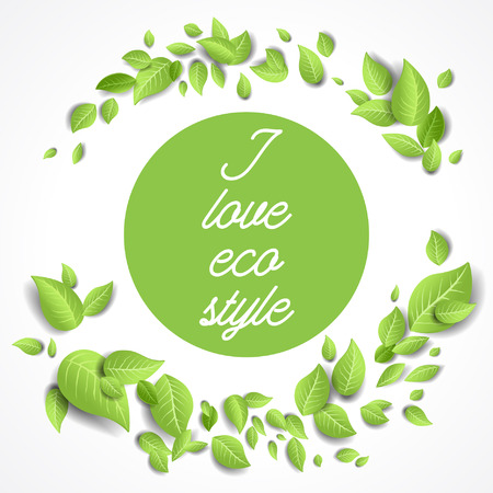 Round frame with green leaves. Green leaves frame in the shape of a round. Background for advertising, leaflet, cards, invitation and so on.のイラスト素材