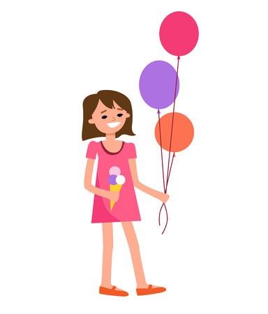 Cartoon character. Girl walks with ice cream and balloonsのイラスト素材