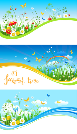 Summer or spring template for design banner, ticket, leaflet, card, poster and so on. Green grass and flowers scenery.のイラスト素材