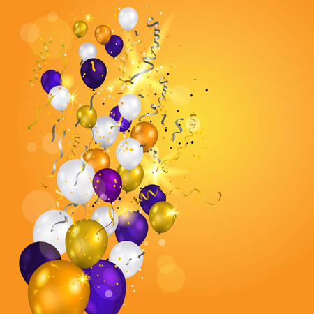 Color holiday white, gold and purple balloons. Holiday balloons and confetti on transparent background. Anniversary, celebration or party decoration.のイラスト素材