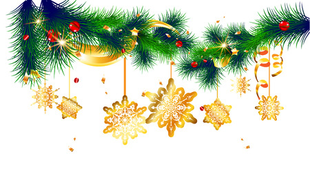 Christmas festive ornament for design banner, ticket, invitation or card, leaflet and so on. Holiday decorations with spruce treeのイラスト素材