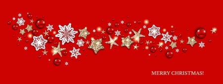 Happy holiday decoration banner on red background, vector illustration.のイラスト素材