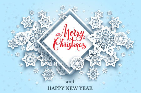Holiday paper cut snowflakes on color background. Snow christmas winter decoration for design banner, ticket, invitation, greetings, leaflet and so on. Realistic effect with shadow.のイラスト素材
