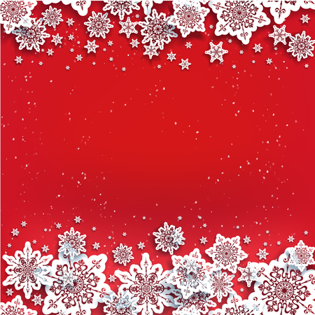 Holiday paper cut snowflakes on color background. Snow christmas winter decoration for design banner, ticket, invitation, greetings, leaflet and so on. Realistic effect with shadow.のイラスト素材