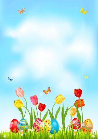 happy easter card with painted eggs Vector illustration.のイラスト素材