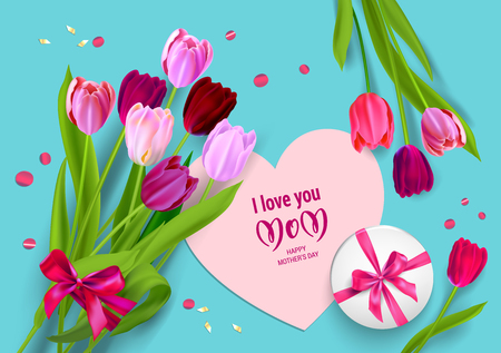 mother's day card template with tulips and gift box on blue background. Vector illustration.のイラスト素材