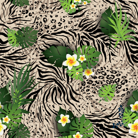 Zebra skin texture with flower and green leaves seamless patternのイラスト素材
