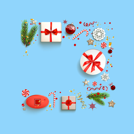 Blue winter Christmas flat lay backgroundのイラスト素材