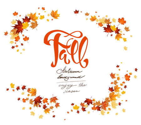 Autumn maple branch for design banner, ticket, leaflet, card, poster and so on. Fall season frame. Fall in love inscriptionのイラスト素材