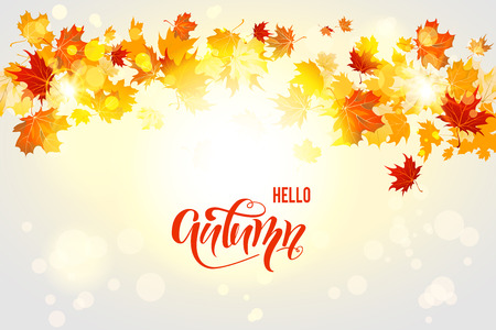 Background with maple autumn leaves. Hello autumn card.のイラスト素材