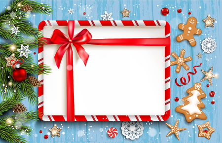 Holiday card with fir tree and festive decorations balls, gingerbreads, snowflakes on wood background. Christmas festive template for banner, ticket, leaflet, card, invitation, poster and so on.のイラスト素材