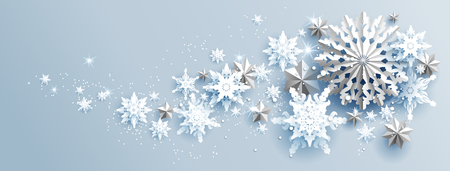 Web Banner Social Media template. Shine winter decoration with snowflakes, stars and balls.のイラスト素材