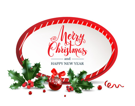 Christmas sale design for banner, ticket, leaflet, card, invitation, poster and so on. Holiday frame with fir tree and festive decorations balls and holly on white background.のイラスト素材