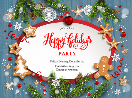Holiday illustration with balls, gingerbreads, stars, snowflakes on wood background. Christmas festive template.のイラスト素材