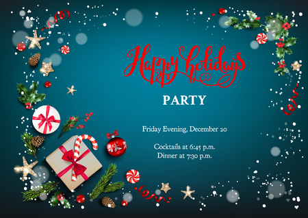 Blue holiday card with Christmas decorations and balls, stars, gift boxes, fir tree branches on fairy background. Christmas festive template.のイラスト素材