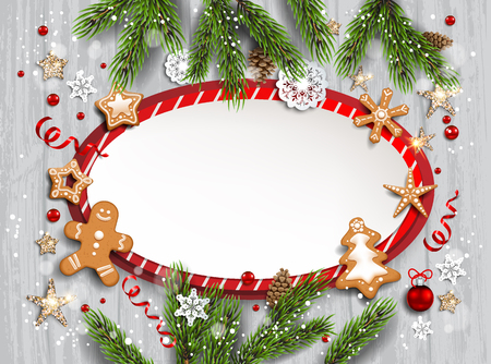 Holiday illustration with baubles, gingerbreads, stars, snowflakes on wood background. Christmas festive template with Christnas tree branches.のイラスト素材