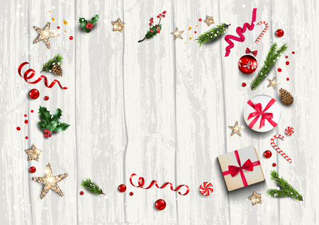Holiday card with festive decorations baubles, stars, snowflakes isolated on white wood background. Christmas festive template.のイラスト素材