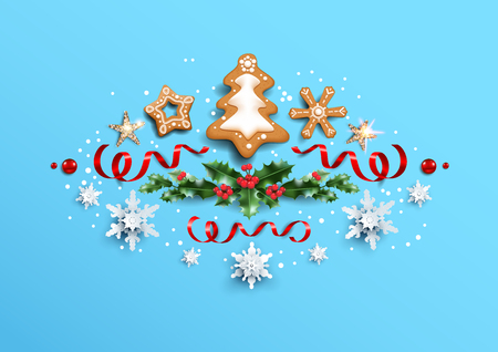 Holiday design with festive card and decorations balls, stars, snowflakes on blue background. Christmas festive template.のイラスト素材