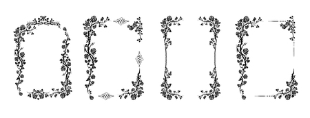 Black elegant frames set of roses for holiday design wedding, anniversary, party, birthday. For invitation, ticket, leaflet, banner, poster and tattoo. Flourish design elementsのイラスト素材