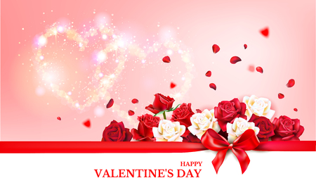 Valentines day vector background. Happy valentines day greeting card with roses, hearts shape elements and ribbon. Vector illustration.のイラスト素材