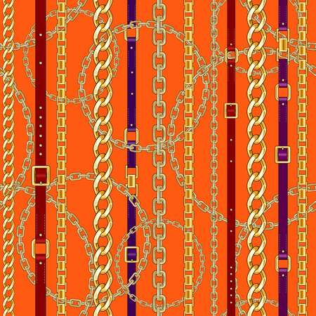 Abctract seamless pattern with belts, chain on bright animal skin background for fabric. Trendy repeating leopard print.のイラスト素材