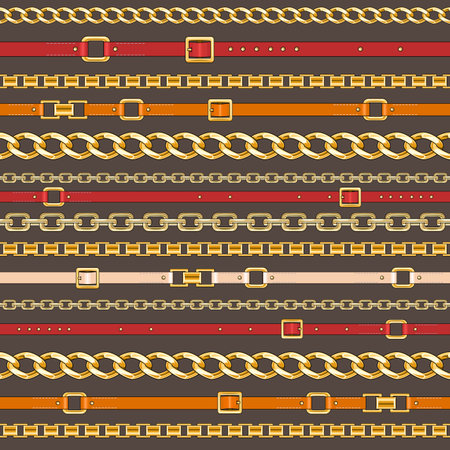 Abctract seamless pattern with belts and chain on bright background for fabric. Trendy repeating print.のイラスト素材