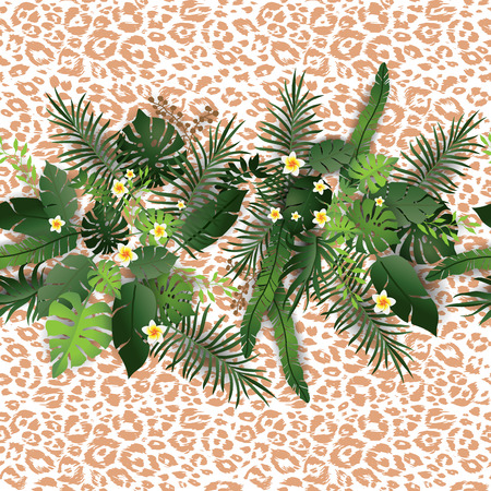 Seamless Pattern Exotic Floral Background. Tropical Flowers and Leaves on Animal Skin Backdrop. Greenery and Leopard print Seamless Designのイラスト素材