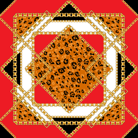 Tile seamless pattern with golden chain with animal skin background for fabric. Trendy red repeating leopard print.のイラスト素材