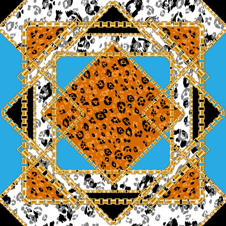 Fashion seamless pattern with golden chain and animal skin background for fabric. Trendy repeating leopard print.のイラスト素材