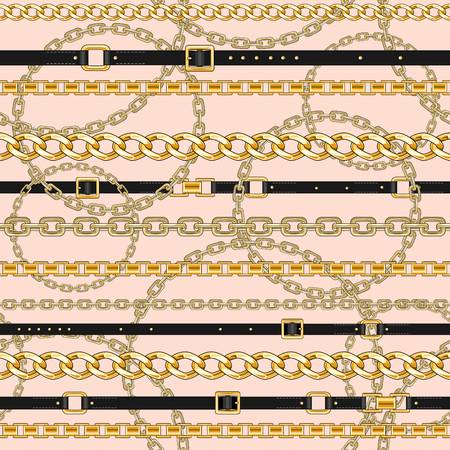 Seamless pattern with gold chains and belts on pink background for fabric. Trendy repeating print.のイラスト素材