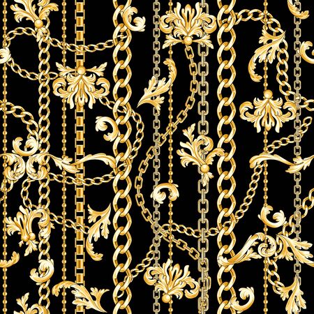 Gold baroque elements and chains mixed on black. Trendy seamless pattern.のイラスト素材