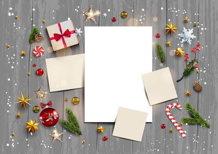 Holiday template with festive card and decorations balls, stars, snowflakes on wood background. Christmas festive concept.のイラスト素材