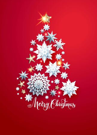 Holiday Tree silhouette paper cut snowflakesのイラスト素材