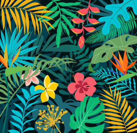 Bright tropical background with jungle plants. Vector exotic pattern with palm leaves.のイラスト素材