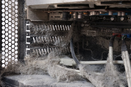 main components of the outdated, dusty and non-working computer, supply and data cables. isolated