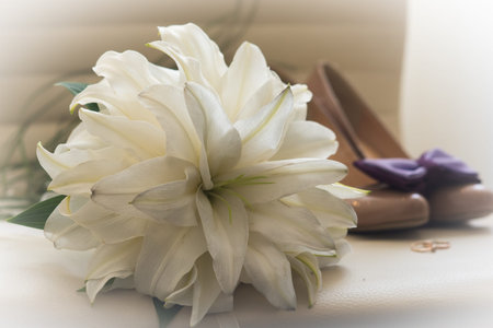 Women shoes with flowers on a light background.の写真素材