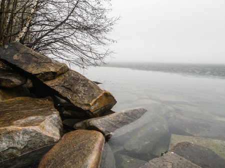 Lake with the fog at sunrise. The Russia.の写真素材