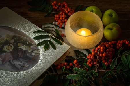 Painting. Still life with notes, flowers, fruit, rowan on wood background. It can be used to create packages, gift cards and design.の写真素材